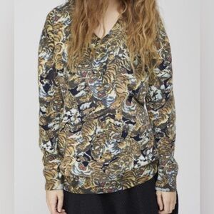 KENZO Paris Flying Tigers Wool Blend Knit V Neck Slouchy Sweater M Oversized